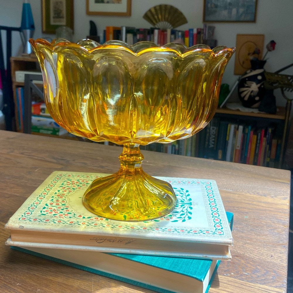Vintage Anchor Hocking Fairfield Pedestal Bowl, Vintage Amber Glass Bowl